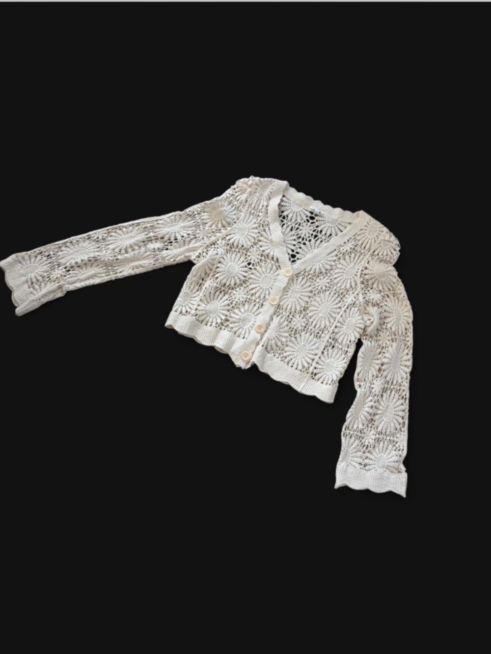 Whimsigoth Cottagecore Crochet Knit Cardigan Bell Sleeve Cream S/M